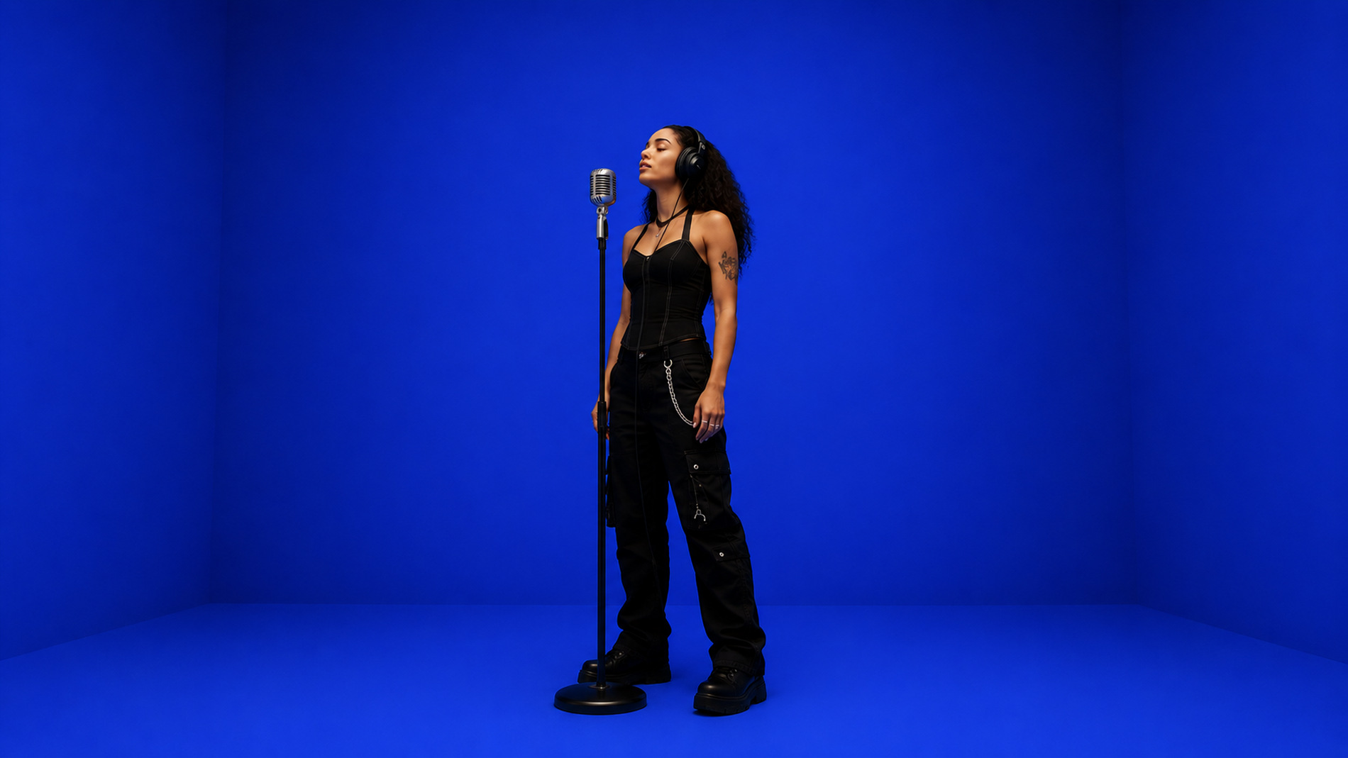 A vocalist recording in the Finyte blue room